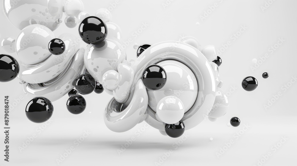 Poster abstract minimalist composition with floating 3d ellipses in monochrome, generative ai