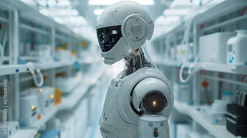 Poster humanoid robot in high-tech laboratory. humanoid robot stands in a high-tech laboratory, surrounded 