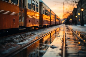 Vibrant close up of train rides on rails with colorful blurred background in motion