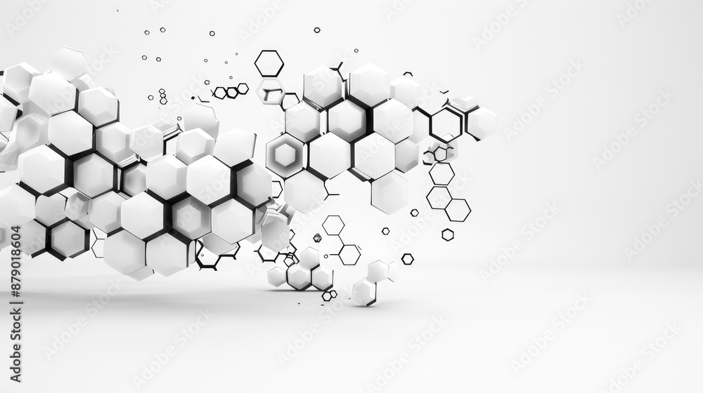 Poster monochrome minimalism: abstract floating 3d hexagons in a clean design, generative ai