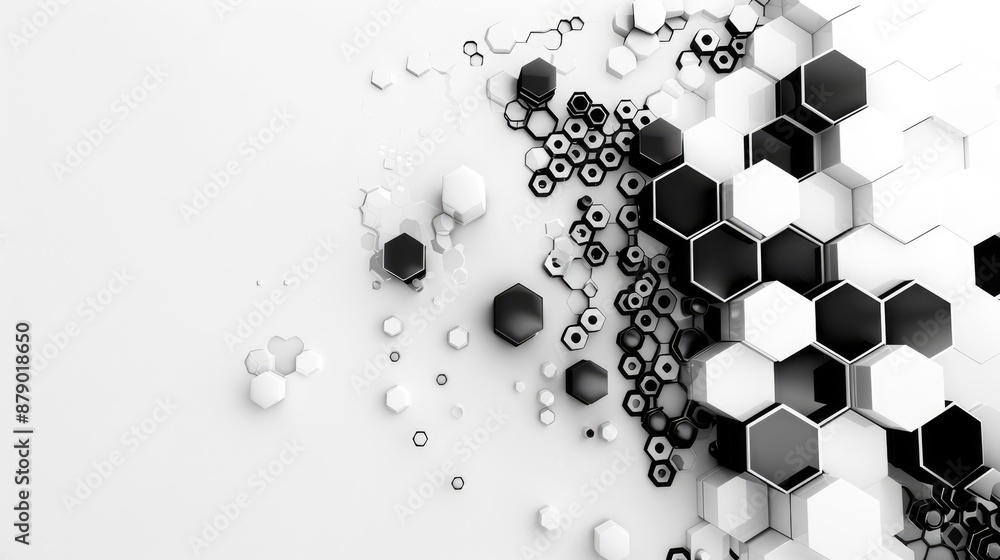 Poster abstract monochrome 3d hexagons floating in minimal design, generative ai
