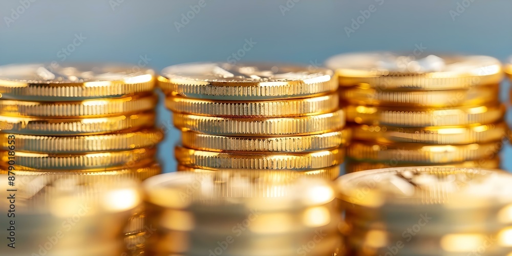 Poster stacks of golden digital coins on blue background symbolizing cryptocurrency and blockchain. concept
