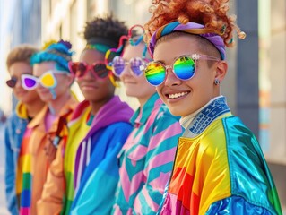 group of young LGBTQ teen mix gender ethnicity lively active together fun laugh smiling joyful cheerful, colorful people rainbow theme, fashionable hair style with sunglasses.