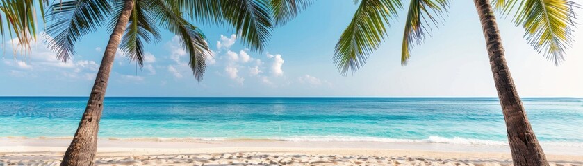 Obraz premium Tropical beach with white sand, clear blue water, and palm trees, perfect for summer vacations and relaxation under the sun.