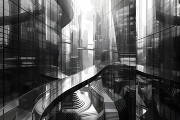 Surreal Geometric Cityscape of Glass and Steel Skyscrapers with Distorted Reflections and Winding Staircases