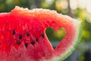 Fresh juicy red watermelon heart shaped slice in hands on background of outdoor garden in...