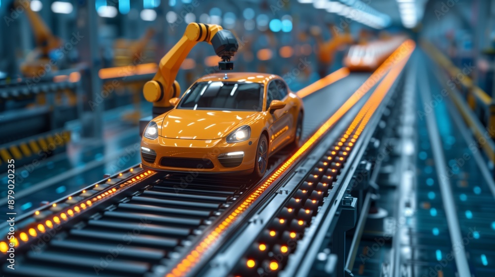 Poster robotic arm assembling car. robotic arm assembling an orange car on a production line in a modern fa