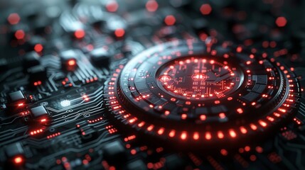 A futuristic orange coin design with digital patterns and binary code.