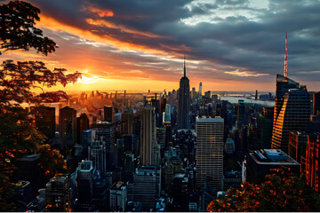 Fototapeta premium view from the window city skyline at sunset beautiful view of camera angle Generative Ai