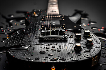  A guitar with a white stripe on its head is in a dark background,
Electric guitar in beautiful setting still life

