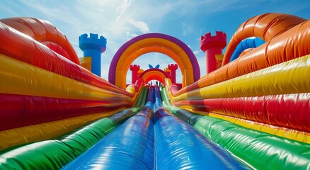 Inflatable rainbow slide with long tube and inflatable castle in background, top view. In between the two is an archway that has no end or entrance.