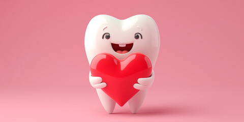 White tooth hugging red heart with happy face on pink background, toothcare, dental health and healthcare concept image