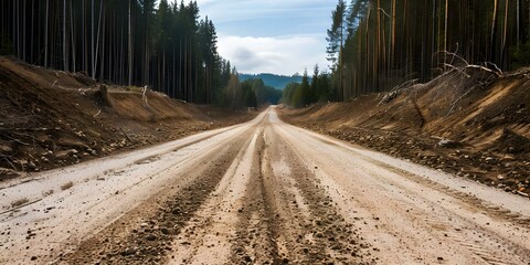 Deforested dirt road through a clearcut forest. Concept Deforestation, Environmental impact, Clearcutting, Forest conservation, Land degradation