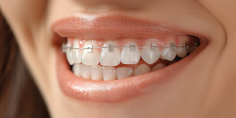 Obraz premium Close up of a woman's mouth with braces on, wearing clear aligners over her teeth for orthodontic treatment 