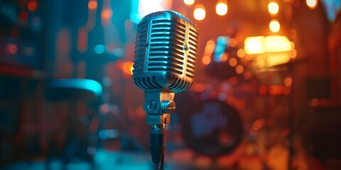 Retro-style vintage microphone on a blurred stage background for music enthusiasts. Concept Vintage Microphones, Retro Style, Music Enthusiasts, Blurred Stage Background
