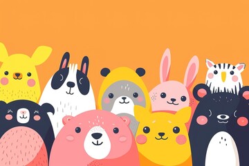 Naklejka premium Colorful vector graphic of cute animals with cheerful faces on o