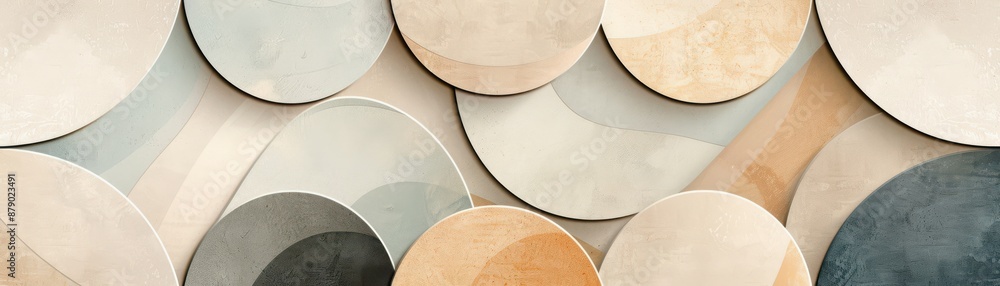 Poster abstract arrangement of overlapping circular shapes in neutral pastel tones, creating a soothing and