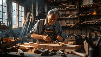 A skilled and experienced senior carpenter is dedicated to a detailed woodworking project in his wellequipped workshop AIG58