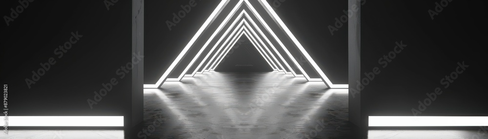 Poster abstract illuminated triangle tunnel with neon lights and a dark reflective floor, creating a futuri