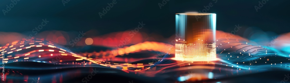 Poster abstract image of a glowing cube amidst dynamic, colorful energy waves, representing technology and 