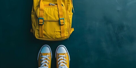 Top view of backpack whistle sneakers school supplies in circular pattern. Concept Top View, Backpack, Whistle, Sneakers, School Supplies, Circular Pattern