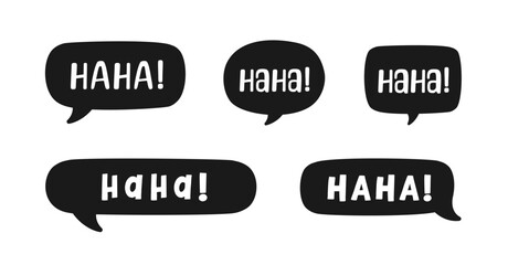 Haha laughing speech bubble sound effect different silhouette shapes collection. Cute black text lettering svg set vector illustration.