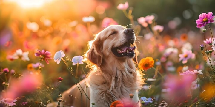 Dog with allergies sneezes in flower field colorful blurred background. Concept Flower Allergies, Dog Sneezing, Outdoor Photoshoot, Colorful Background, Pet Health