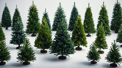 Green Christmas trees on plain white background 