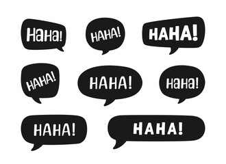 Haha laughing speech bubble sound effect different silhouette shapes collection. Cute black text lettering svg set vector illustration.
