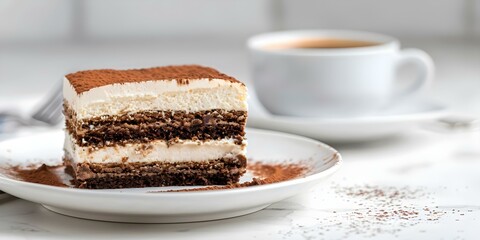 Vegan raw tiramisu cake on white plate with espresso on table. Concept Food Photography, Vegan Dessert, Tiramisu Cake, Coffee, Stylish Table Setting