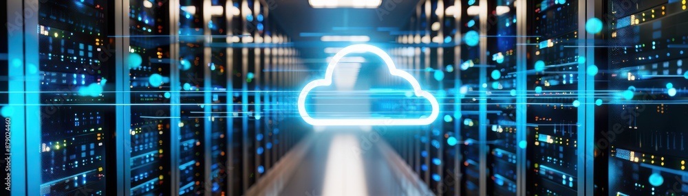 Poster advanced cloud technology in a server room, showcasing modern data storage solutions and digital con