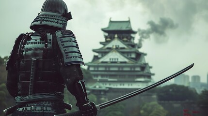 Fototapeta premium Noble Samurai Warrior Holding Sword with Osaka Castle in Background