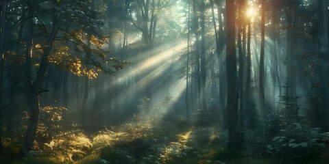 Obraz premium Enchanting forest with sunlight filtering through misty trees creates mystical ambiance. Concept Forest Photography, Sunlight Effects, Mystical Atmosphere