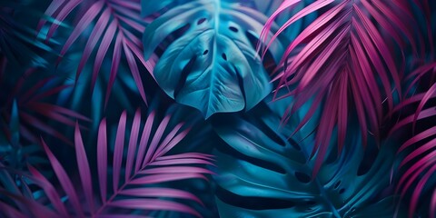 Tropical party background with neon palm leaves in a dark jungle. Concept Tropical Party, Neon Palm Leaves, Dark Jungle, Exotic Vibe, Event Decor