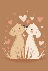 Cute Dog Pair Sharing a Kiss, Simplistic Vector Art with Pastel Pink and Beige, Light Brown Accent