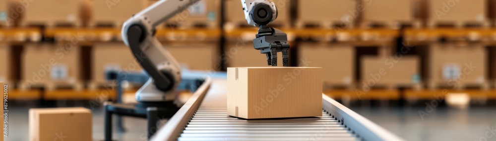 Poster automated robotic arm sorting cardboard boxes on a conveyor belt in a modern warehouse. efficient lo