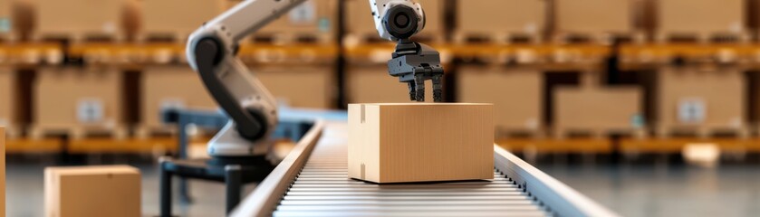 Automated robotic arm sorting cardboard boxes on a conveyor belt in a modern warehouse. Efficient logistics and advanced technology in action.