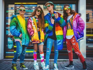 Obraz premium group of young LGBTQ teen mix gender ethnicity lively active together fun laugh smiling joyful cheerful, colorful people rainbow theme, fashionable hair style with sunglasses.