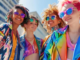 group of young LGBTQ teen mix gender ethnicity lively active together fun laugh smiling joyful cheerful, colorful people rainbow theme, fashionable hair style with sunglasses.