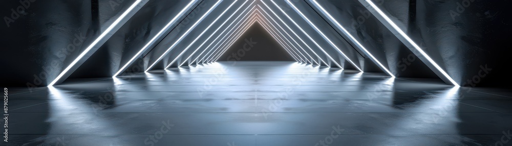 Poster a futuristic corridor with glowing triangular light designs, creating a sci-fi atmosphere with refle