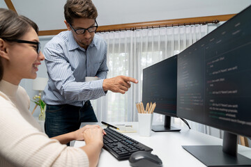 Team skilled developers program thinking newest coding creative website planning software project...