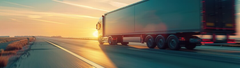 A large truck transporting goods on a highway at sunrise, highlighting the importance of logistics and transportation in modern commerce.