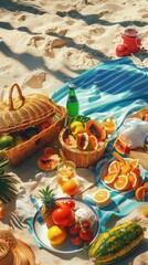 Fototapeta premium sports equipment, beach picnic, garden cleanup, family sunbathing, BBQ drinks