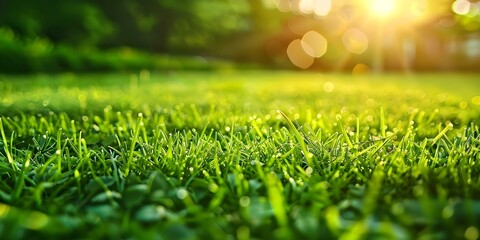 Naklejka premium Vibrant green grass background with natural light for fresh clean product display. Concept Product Photography, Natural Lighting, Fresh Background, Green Grass, Clean Display