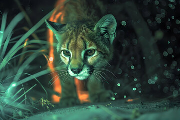 Obraz premium Nighttime Portrait of a Young Ocelot in the Jungle