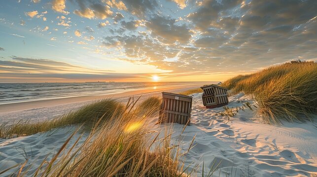Sunset on Juist Island, part of the East Frisian Islands in Lower Saxony, Germany, paints a breathtaking scene over the North Sea coast of Northern Germany.