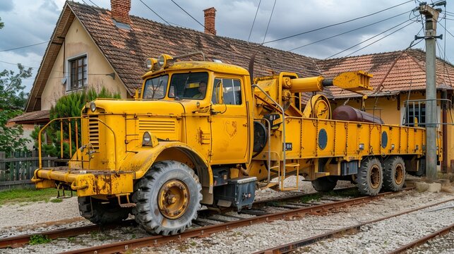 In Szentendre, Hungary, the Hungarian Transportation Museum of BKV Corporation exhibits a yellow Csepel railroad heavy rescue truck. 