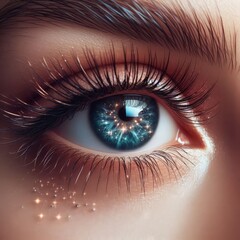 Fototapeta premium a woman with blue eyes and a blue eye with the reflection of her eyes.