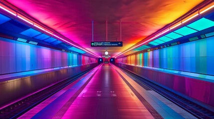 Fototapeta premium An underground station bathed in colorful light creates a vibrant and dynamic atmosphere, transforming the space into a visually striking and modern transit hub.
