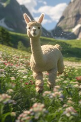 Fototapeta premium Fearless Alpaca Bounding Through Vibrant Floral Field and Distant Mountains